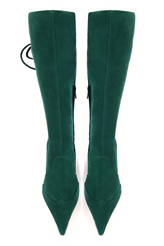 Forest green women's knee-high boots, with laces at the back. Pointed toe. High block heels. Made to measure. Top view - Florence KOOIJMAN